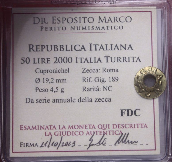 NL* Italia Repubblica 1 50 LIRE 2000 ITALIA TURRITA FDC Perizia ESPOSITO MARCO