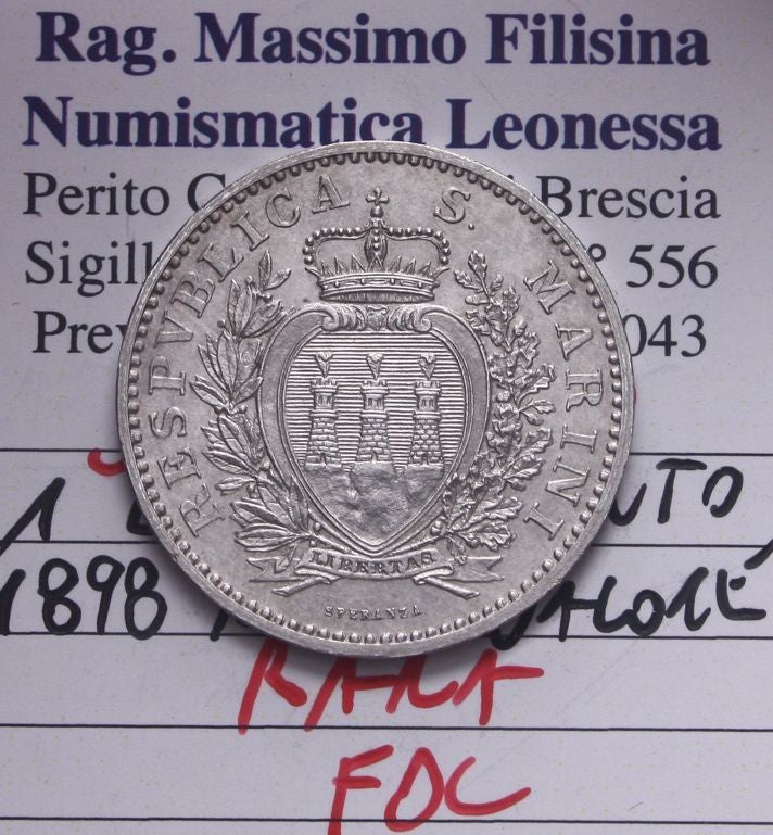 NL* SAN MARINO 1 LIRA Argento 1898 ROMAFDC RARA *R* Perizia Filisina Massimo