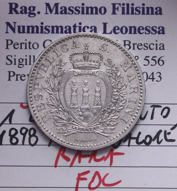 NL* SAN MARINO 1 LIRA Argento 1898 ROMAFDC RARA *R* Perizia Filisina Massimo