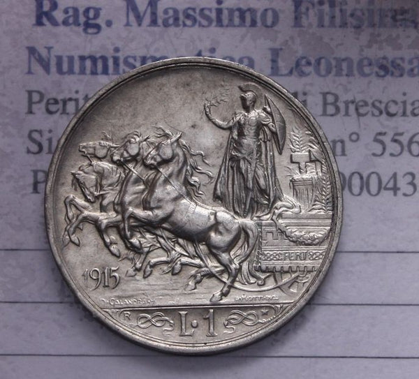 NL*VEIII RE D'ITALIA 1 Lira ARGENTO 1915 QUADRIGA BRIOSA NON COMUNE super lustro