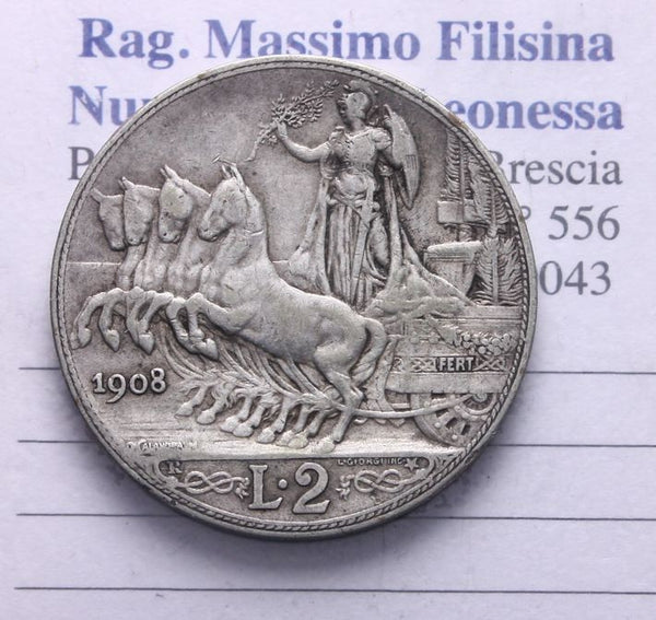 NL* VEIII RE D'ITALIA 2 Lire ARGENTO 1908 QUADRIGA VELOCE ottima conservazione