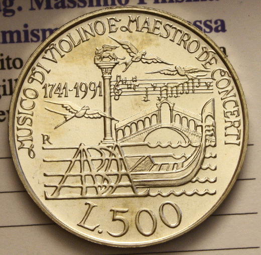 NL*ITALIA 500 Lire Argento 1991 ANTONIO VIVALDI FDC Fior di Conio da divisionale