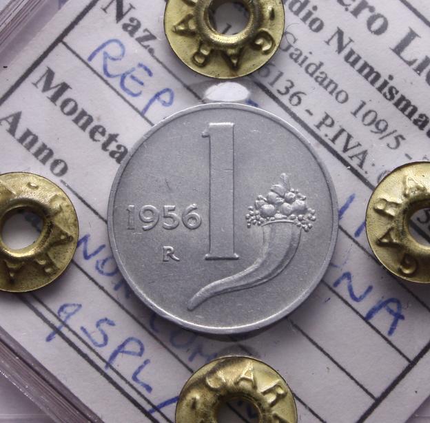 NL* Italia Repubblica 1 LIRA CORNUCOPIA 1956 qSPL/SPL Sigillo Roggero Lionello