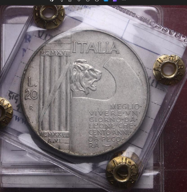 NL* VEIII 20 SILVER LIRE 1928 HELMET RARE NEAR UNCIRCULATED Expert's report by BASSANI Franco