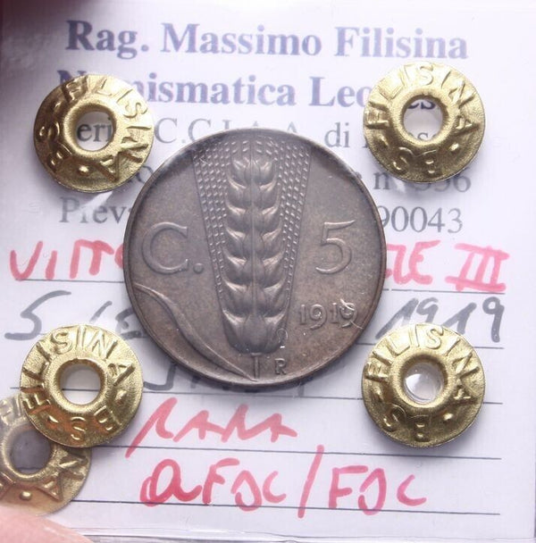 NL* VEIII 5 CENTESIMI SPIGA 1919 RARE QFDC/FDC Filisina Massimo Appraisal