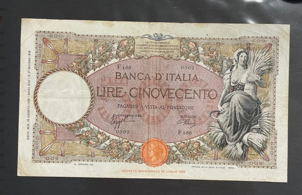 NL* BANCA D'ITALIA Banconota 500 LIRE MIETITRICE 16 agosto 1939 F166
