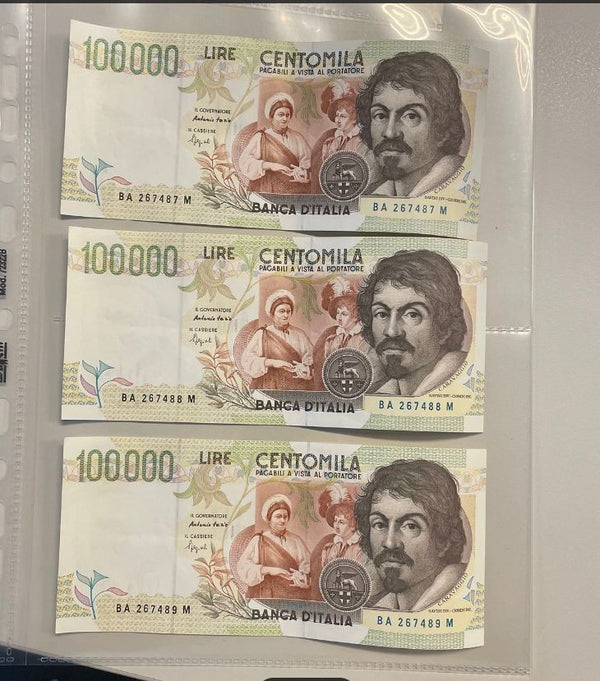 NL* BANCA D'ITALIA Banconota LOTTO 3 X 100000 CARAVAGGIO CONSECUTIVE 1994 SPL