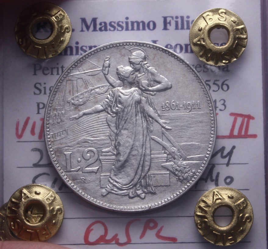 NL* VEIII RE D'ITALIA 2 Lire ARGENTO 1911 CINQUANTENARIO QSPL Perizia Filisina