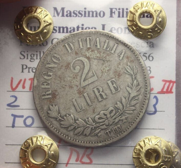 NL* VEII 2 LIRE SILVER VALUE 1863 TURIN RARE MB Appraisal FILISINA M. 