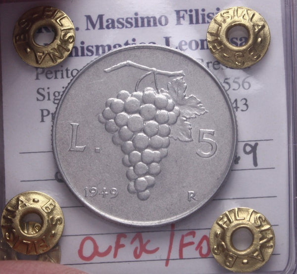 NL* Italia Repubblica 5 LIRE ITALMA UVA 1949 QFDC/FDC Perizia Filisina Massimo