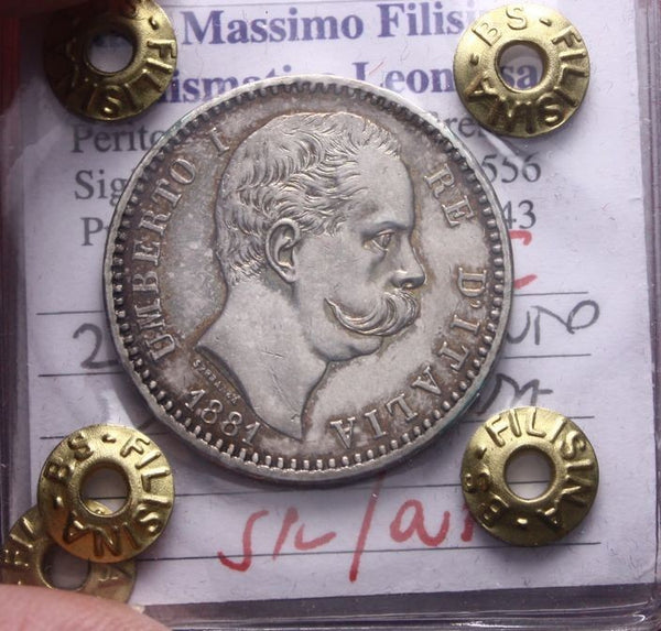 NL* UMBERTO I 2 LIRE ARGENTO 1881 ROMA RARA SPL/QFDC Perizia Filisina Massimo