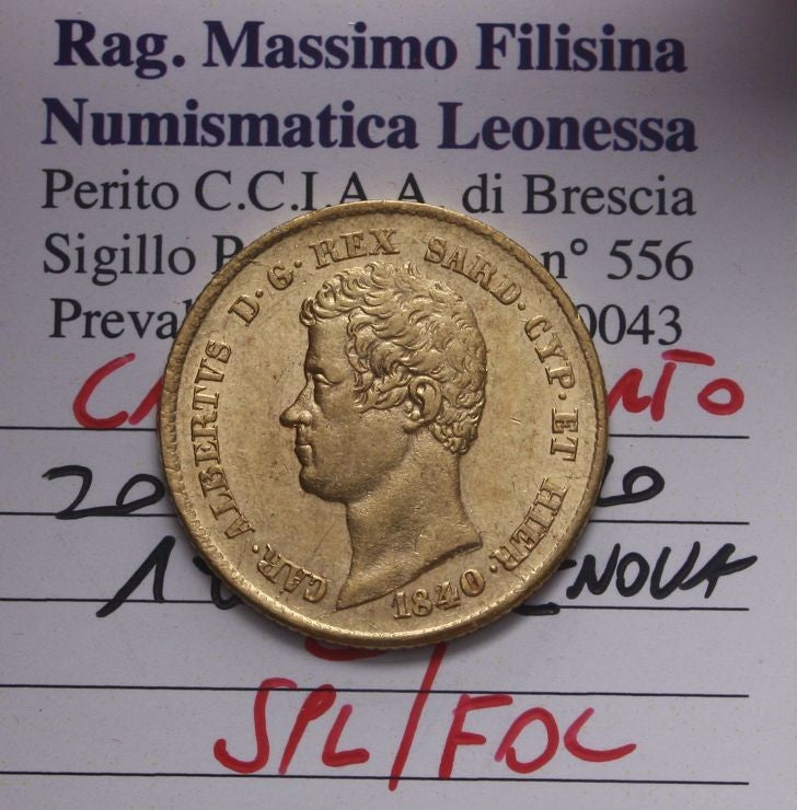 NL* SAVOIA CARLO ALBERTO 20 Lire ORO GOLD 1840 GenovaSPL/FDC Perizia Filisina M