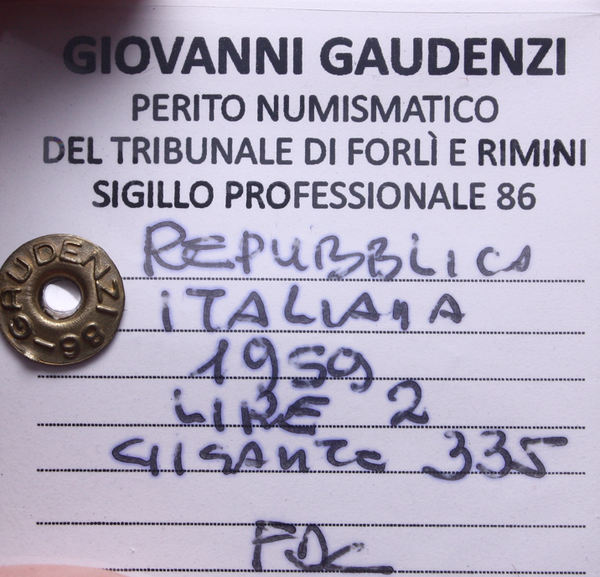 NL* Italia Repubblica 2 Lire ULIVO 1959 FDC Perizia Gaudenzi Giovanni