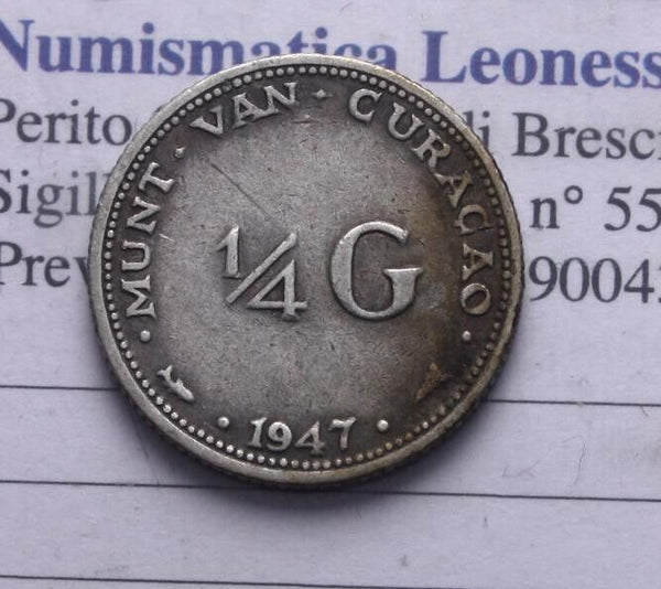 NL* NETHERLANDS Antilles CURACAO WILHELMINA 1/4 GULDEN SILVER 1947