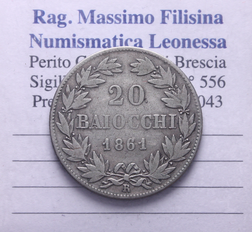NL* STATO PONTIFICIO PAPA PIO IX 20 BAIOCCHI Argento 1861 XV ottima conservaz.