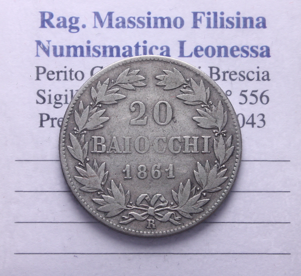 NL* STATO PONTIFICIO PAPA PIO IX 20 BAIOCCHI Argento 1861 XV ottima conservaz.