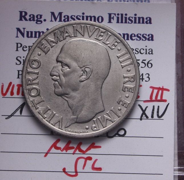 NL* VEIII ITALIA 1 LIRA IMPERO 1936 XIV RARA SPL Perizia Filisina Massimo