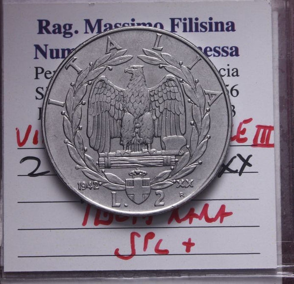 NL* VEIII ITALIA 2 LIRE IMPERO 1942 XX MOLTO RARA Q.FDC Perizia Filisina Massimo