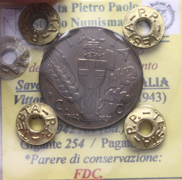 NL* VEIII 10 CENTESIMI BRONZITAL IMPERO 1942 XX FDC Perizia Testa Pietro Paolo