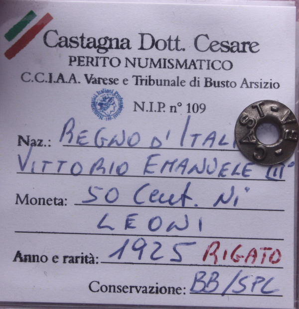 NL* VEIII 50 CENTESIMI LEONI CONTORNO RIGATO 1925 BB/SPL Perizia Castagna