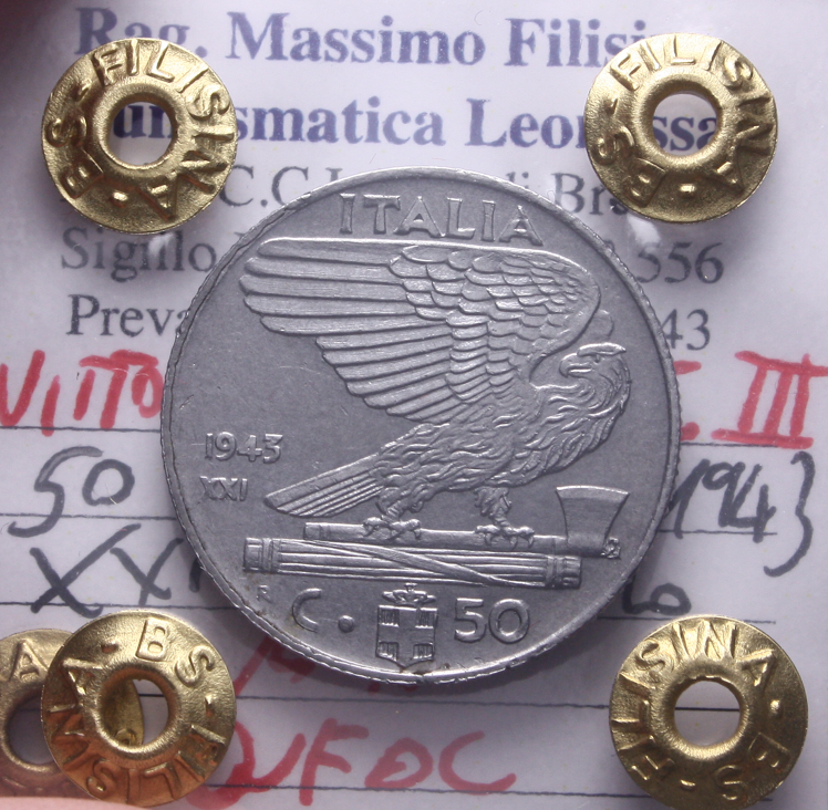 NL* VEIII 50 CENTESIMI IMPERO 1943 XXI RARA QFDC Perizia Filisina Massimo