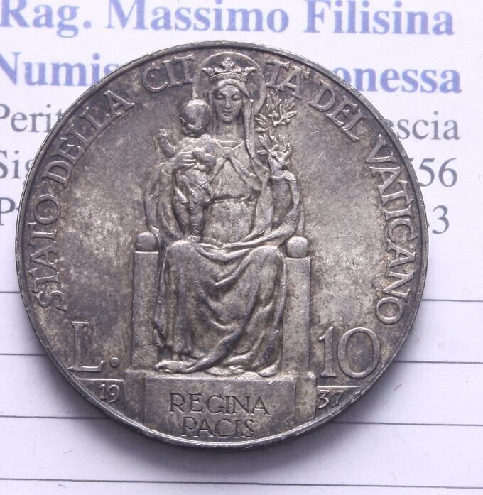 EN* ROME VATICAN CITY Pope PIUS XI 10 Lire SILVER 1937 SUPER with patina