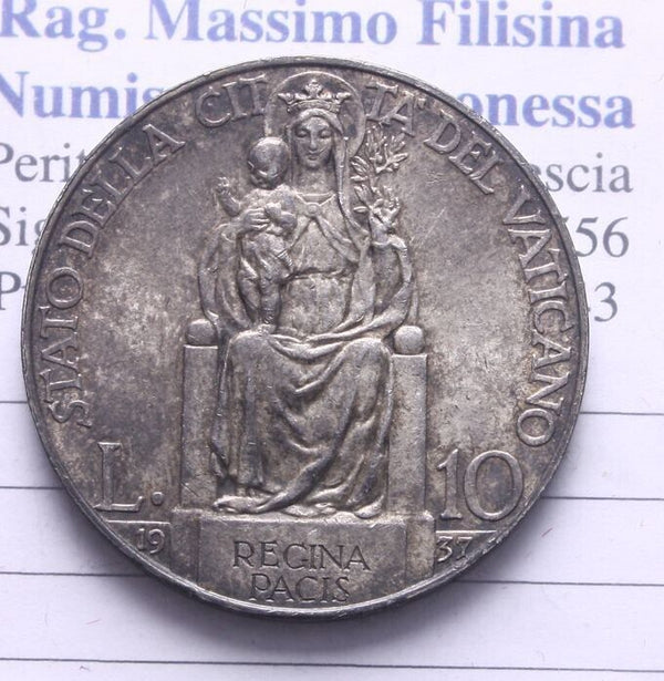 EN* ROME VATICAN CITY Pope PIUS XI 10 Lire SILVER 1937 SUPER with patina