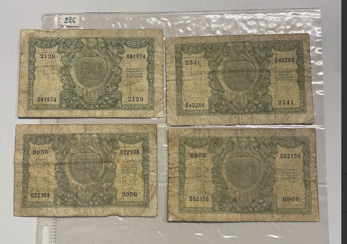 NL* ITALIA LOTTO 4 pezzi da BIGLIETTO DI STATO DA 50 LIRE TESTA Elmata come foto