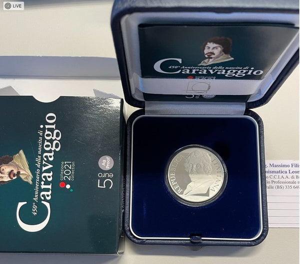 NL* ITALIA Repubblica 5 EURO ARGENTO 2021 450° ANNIV. CARAVAGGIO PROOF set zecca