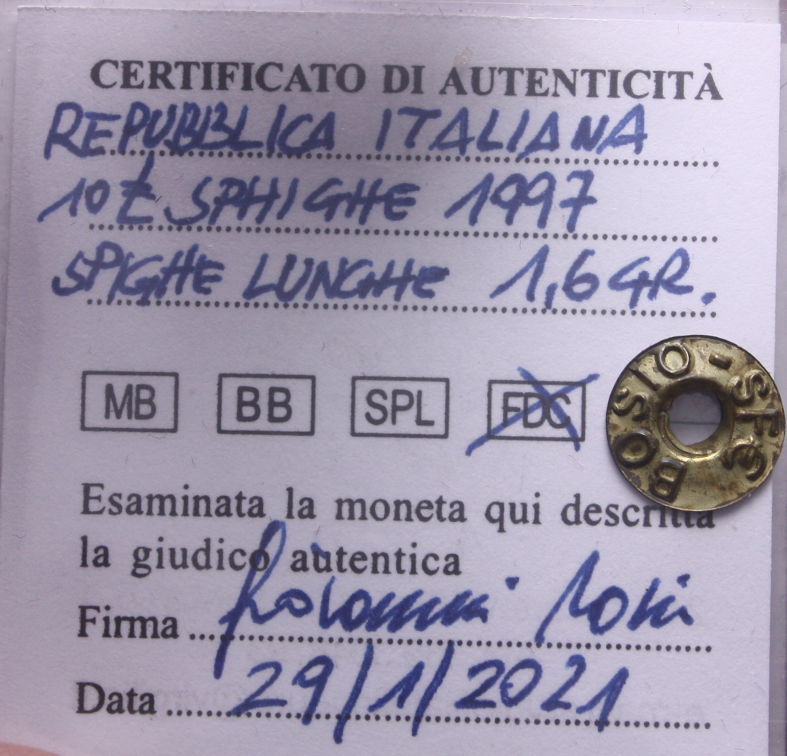 NL* Italia Repubblica 10 LIRE SPIGHE ARATRO 1997 SPIGHE LUNGHE FDC Perizia Bosio