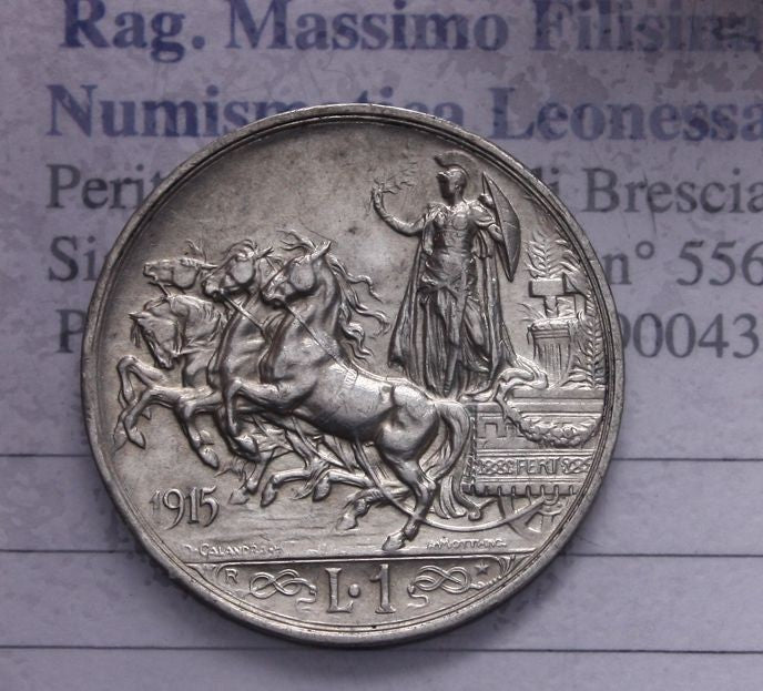 NL*VEIII RE D'ITALIA 1 Lira ARGENTO 1915 QUADRIGA BRIOSA NON COMUNE super lustro
