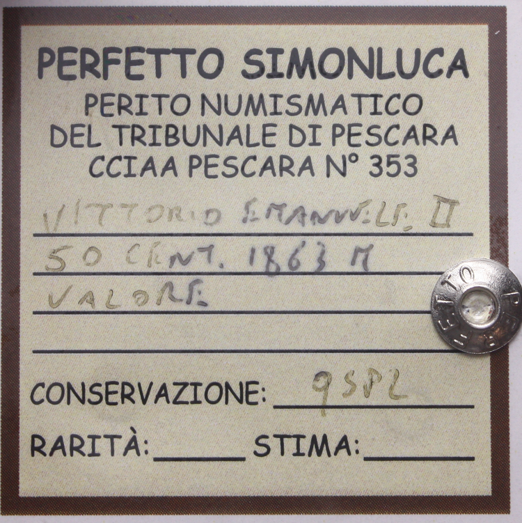 NL* VEII 50 CENTESIMI ARGENTO 1863 MILANO VALORE QSPL Perizia Perfetto Simonluca