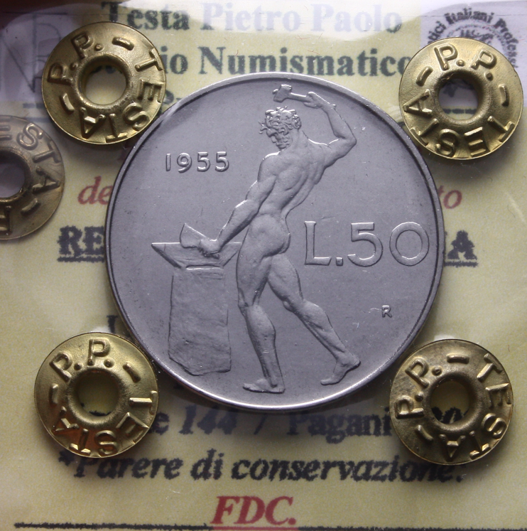 NL* Italia Repubblica 50 LIRE VULCANO 1955 FDC Perizia Testa Pietro Paolo