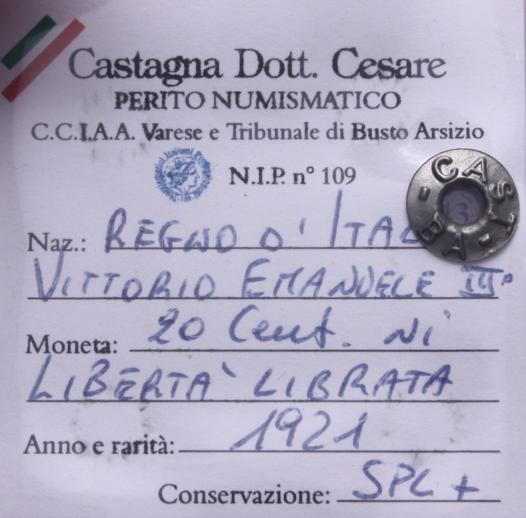 NL* VEIII Italia 20 CENTESIMI 1921 DONNA LIBRATA SPL+ Perizia Castagna Cesare