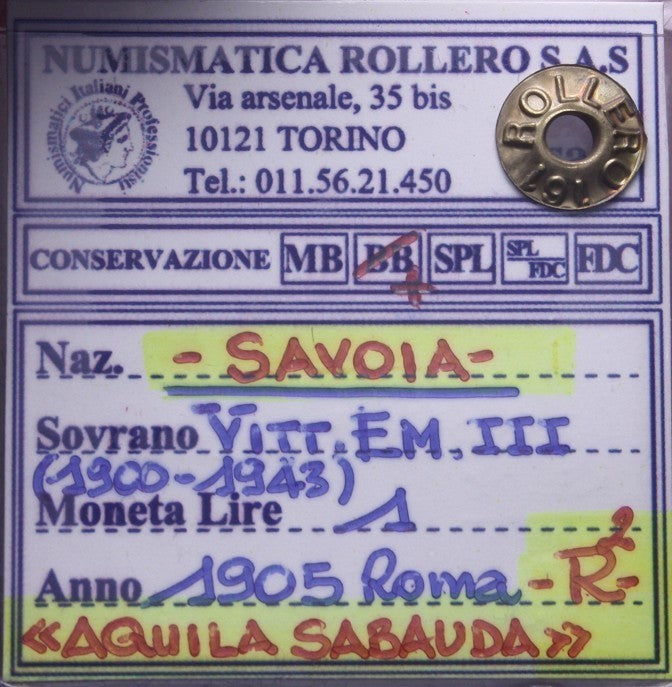 NL* VEIII 1 LIRA ARGENTO AQUILA SABAUDA 1905 R2 BB+ Perizia Rollero