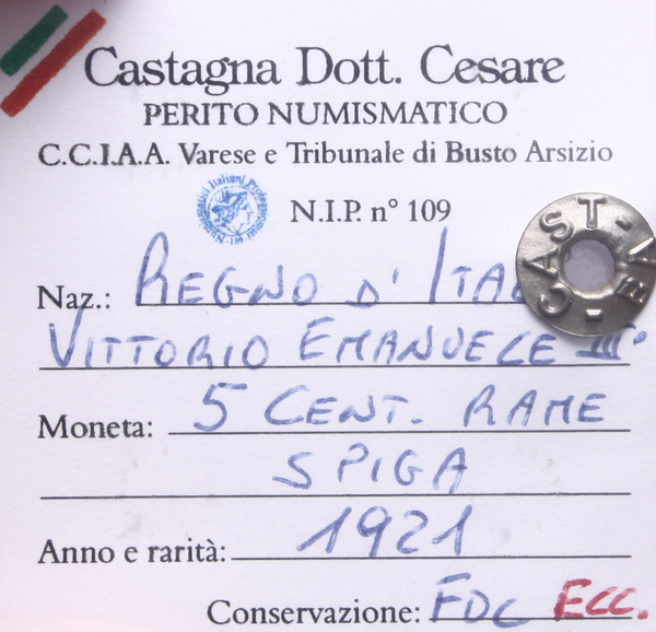 NL* VEIII Italia 5 CENTESIMI SPIGA 1921 FDC ECCEZIONALE Perizia Castagna Cesare