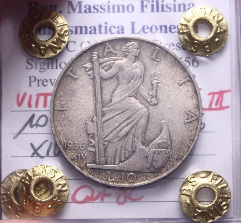 NL* VEIII Italia 10 LIRE ARGENTO IMPERO 1936 XIV Q.FDC Perizia Filisina Massimo