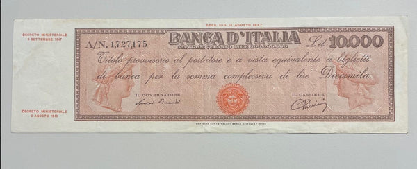 NL* BANCA D'ITALIA Banconota 10000 Lire TITOLO PROVVISORIO 14 Agosto 1947