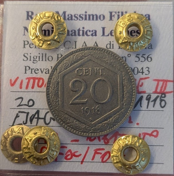 NL* VEIII 20 CENTESIMI ESAGONO 1918 PARZ. RIGATO RIBATTUTO QFDC/FDC Filisina