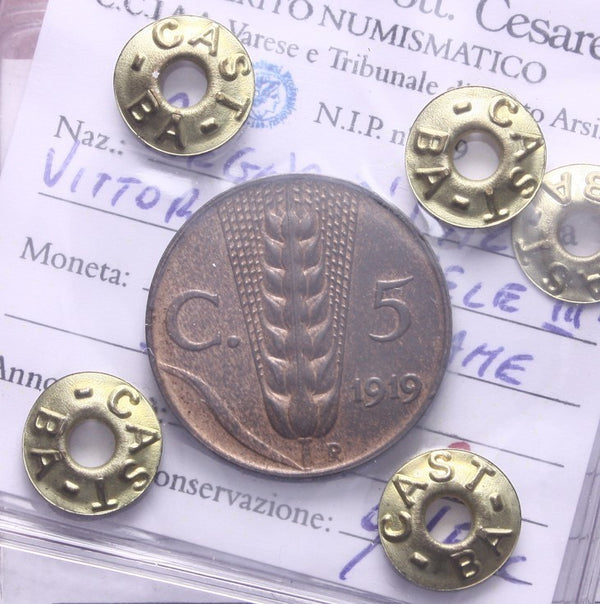 NL* VEIII Italia 5 CENTESIMI SPIGA 1919 RARA qFDC Perizia Castagna Cesare
