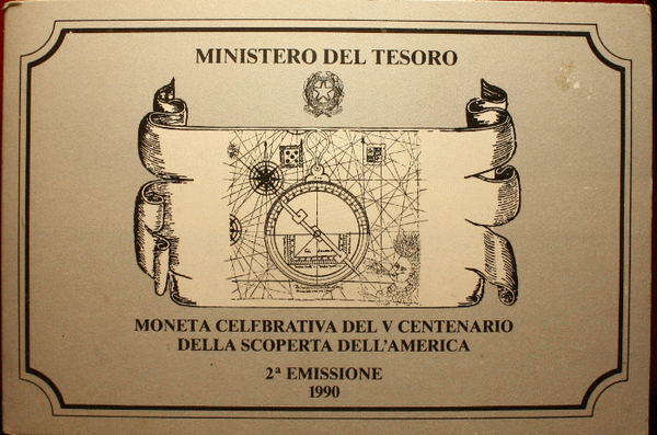NL*ITALIA 500 Lire Argento 1990 SCOPERTA AMERICA 2^ EMIS FDC SET Originale zecca