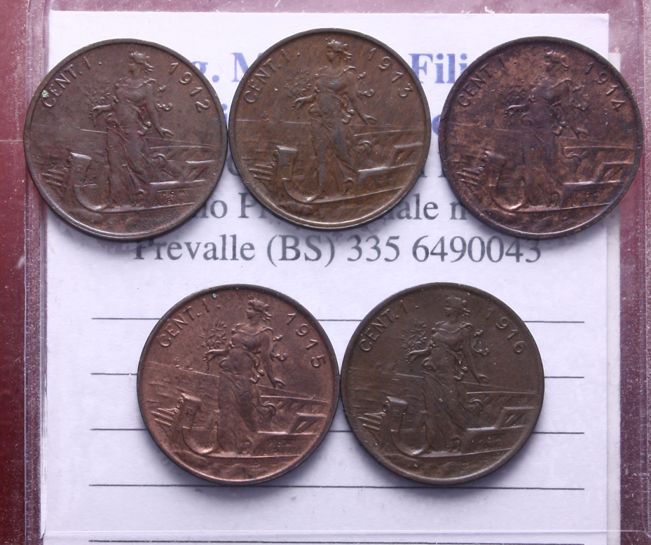 NL* VEIII Lotto 5 pezzi 1 CENTESIMO 1912 13 14 15 16 PRORA come da foto