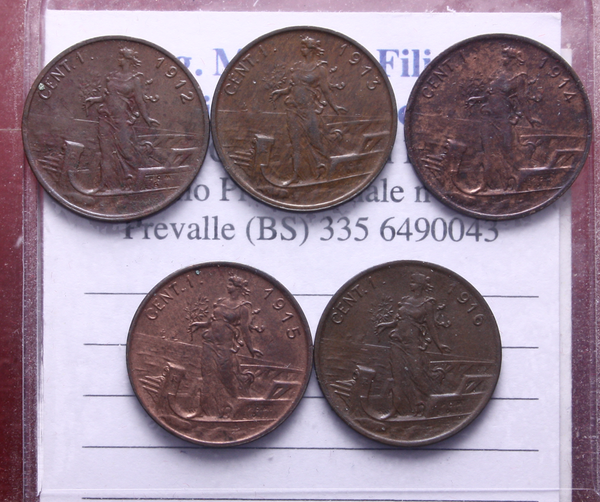 NL* VEIII Lotto 5 pezzi 1 CENTESIMO 1912 13 14 15 16 PRORA come da foto