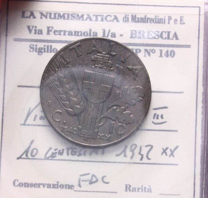 NL* VEIII Italia 10 CENTESIMI IMPERO 1942 XX FDC Cartellino Manfredini Paolo