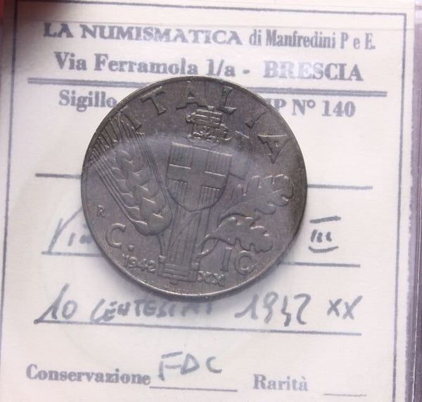 NL* VEIII Italia 10 CENTESIMI IMPERO 1942 XX FDC Cartellino Manfredini Paolo