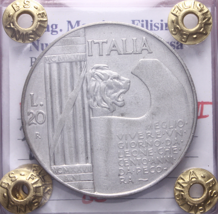 NL* VEIII 20 LIRE ARGENTO 1928 ELMETTO o CAPPELLONE NC BB+ Perizia Filisina