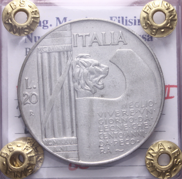 NL* VEIII 20 LIRE ARGENTO 1928 ELMETTO o CAPPELLONE NC BB+ Perizia Filisina