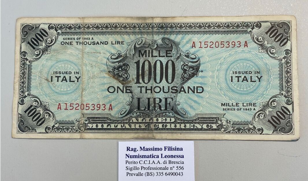 NL* ITALY Banknote MILITARY OCCUPATION 1000 AM LIRE 1943 A Bilingual *393A