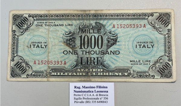 NL* ITALY Banknote MILITARY OCCUPATION 1000 AM LIRE 1943 A Bilingual *393A