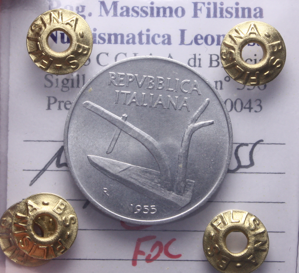 NL* Italia Repubblica 10 LIRE SPIGHE ARATRO 1955 FDC Perizia Filisina Massimo